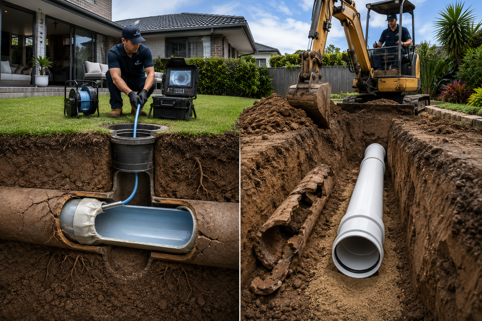 Pipe relining vs pipe replacement showing trenchless relining and traditional pipe excavation at a Sydney home.